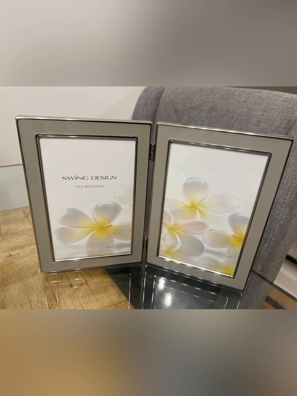 Swing & Design Double Hinged Metal Photo Frame in Silver Holds Two 4x6 Photos